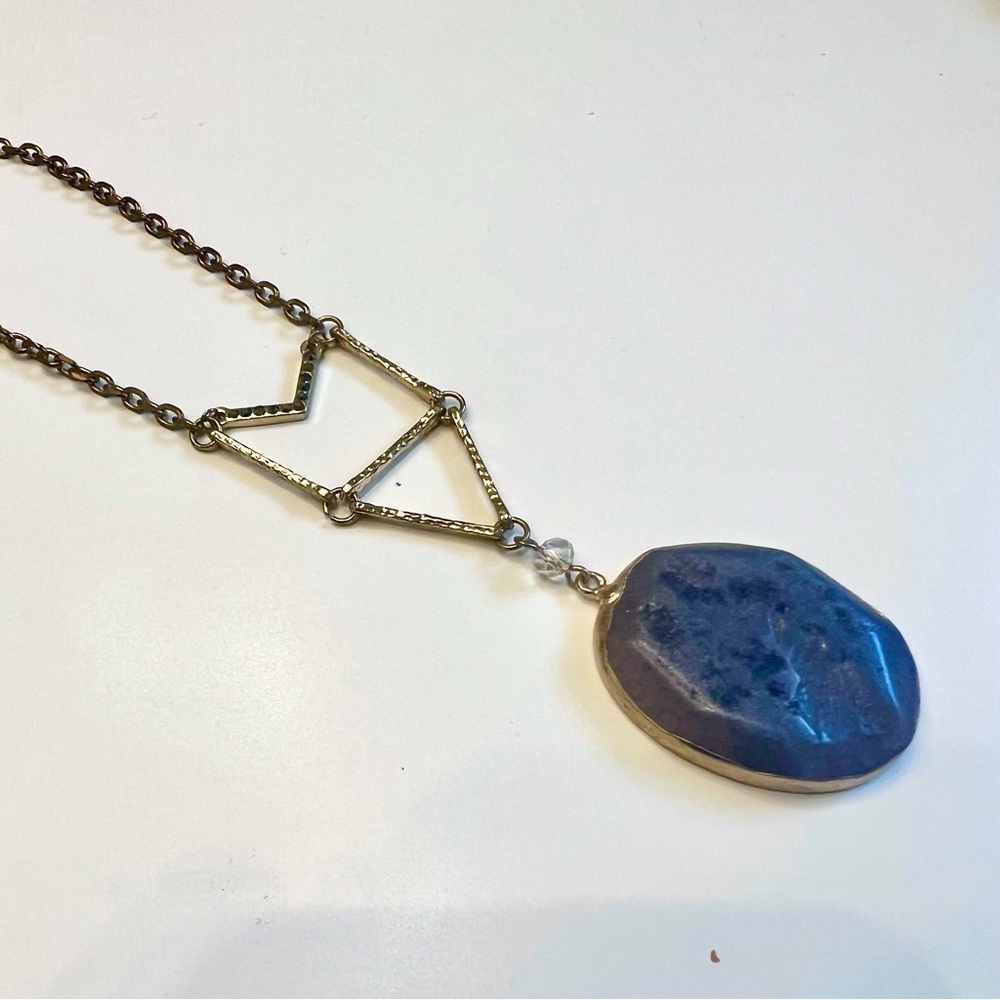 Handmade Genuine Purple Agate Pendant Necklace w/ Hematite & Clear Crystals, 32”